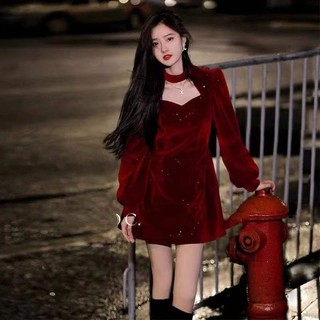 Đầm Đỏ Giáng Sinh Năm Mới Phong Cách Pháp Nhấn Eo Hẹp Thiết Kế pettiskirt Sang Trọng Hàng Năm me