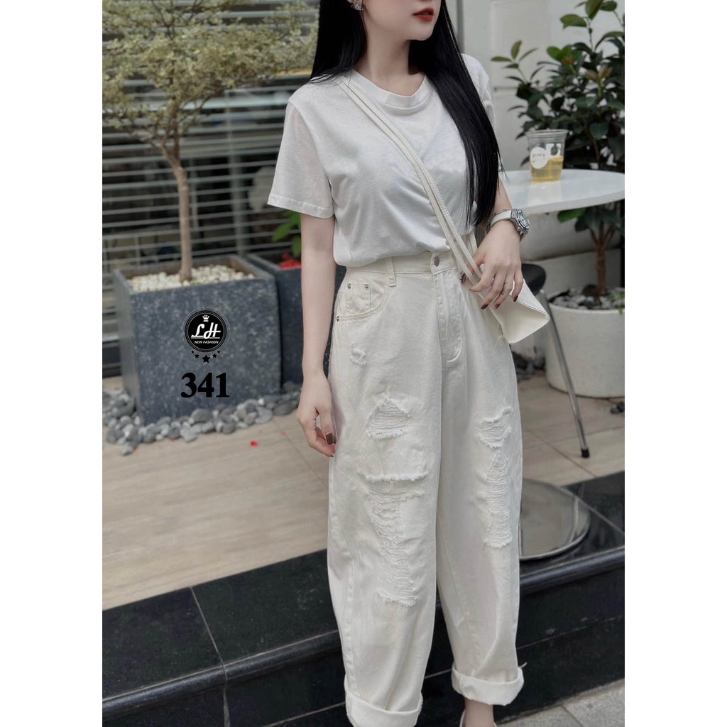 Quần baggy jean nữ trắng rách nhìu 2 bên ống Lê Huy Fashion MS 341