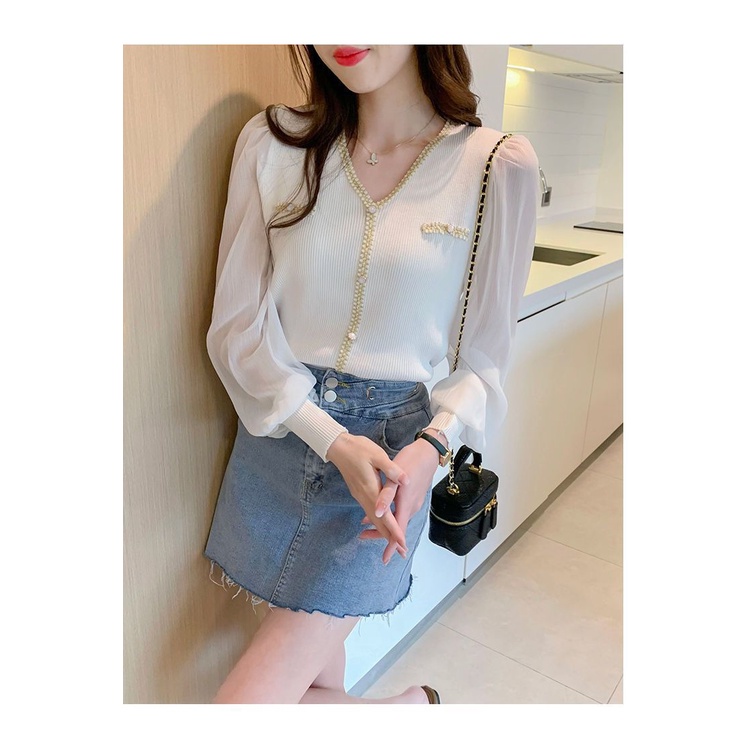 Áo Sơ Mi chiffon Dệt Kim Tay Dài Cổ Chữ v Thời Trang Mùa Thu Dành Cho Nữ