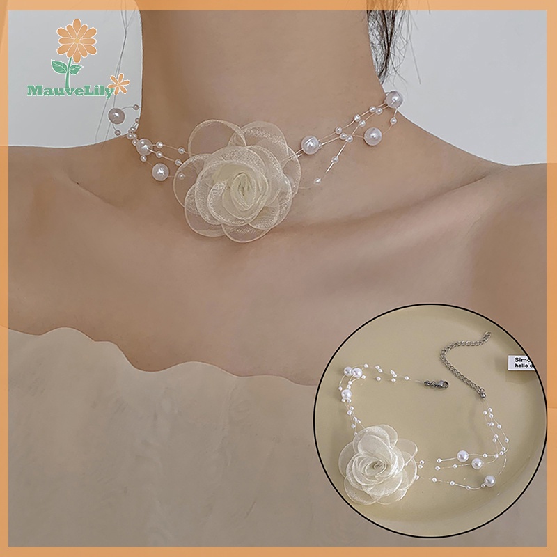 Lily mori Vòng Cổ choker Ngọc Trai Lãng Mạn Mùa Hè Màu Đen Trắng Phối Hoa Vải Và Ngọc Trai Cho Nữ uuu