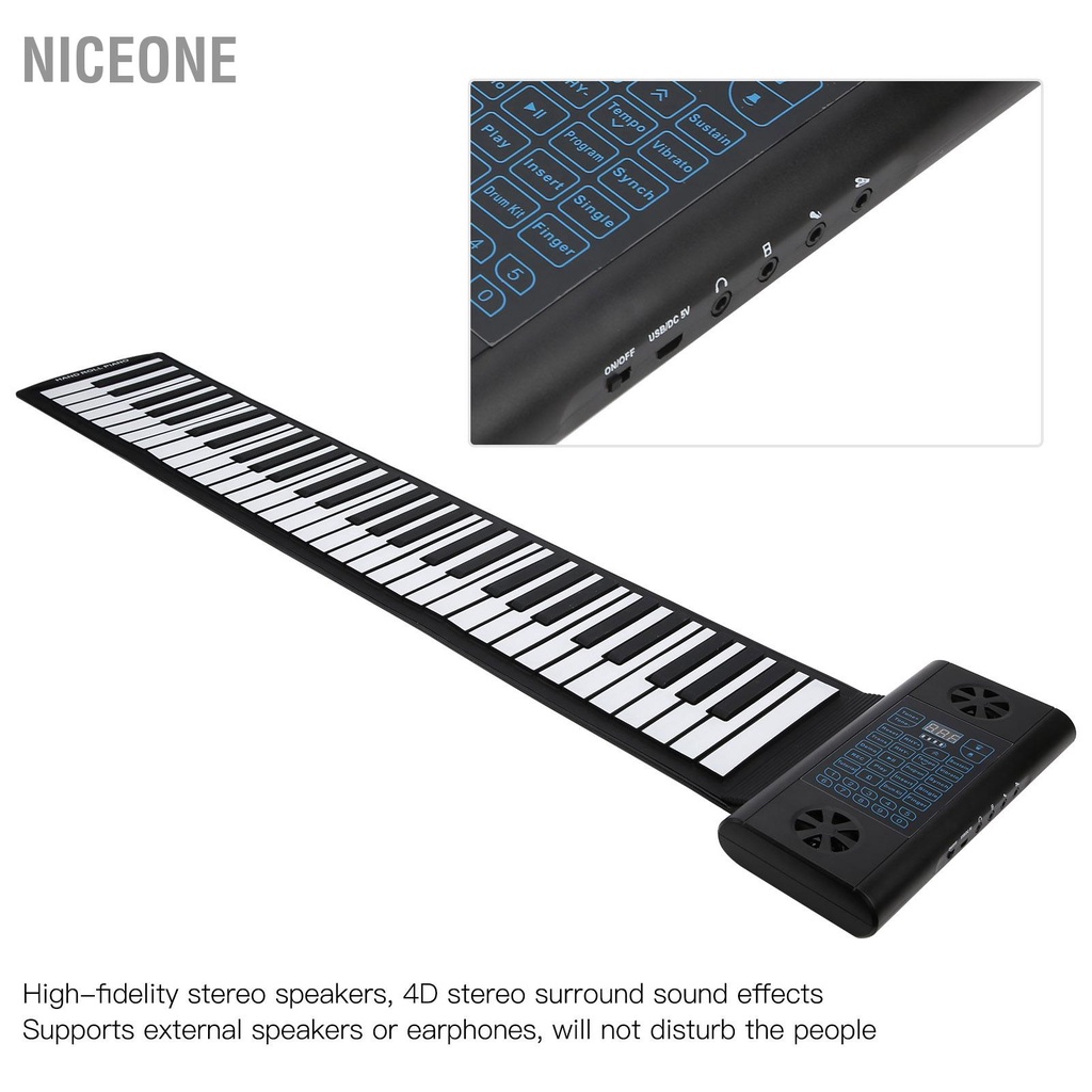 NiceOne  Bàn phím mềm Đàn piano 61‑Bàn cuộn lên Loa Bluetooth kép có thể sạc lại bằng silicon 100‑240V cmman