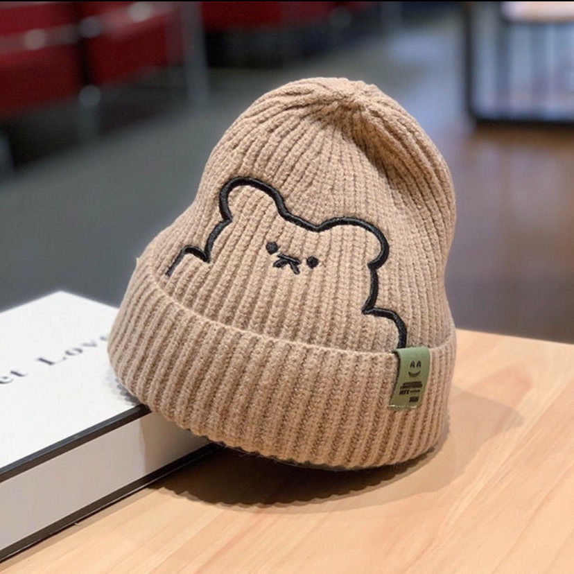 Mũ Len Dệt Kim Màu Trơn In Hình Mặt Cười Phong Cách Hàn Quốc Thời Trang Thu Đông Dành Cho Trẻ Em