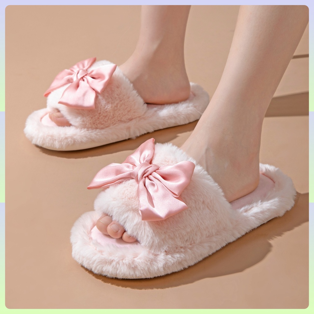 Dép lông mang trong nhà nữ dép lông nơ dép lông xù dép lông đi trong nhà dép lông cừu dép lông đi trong nhà cute