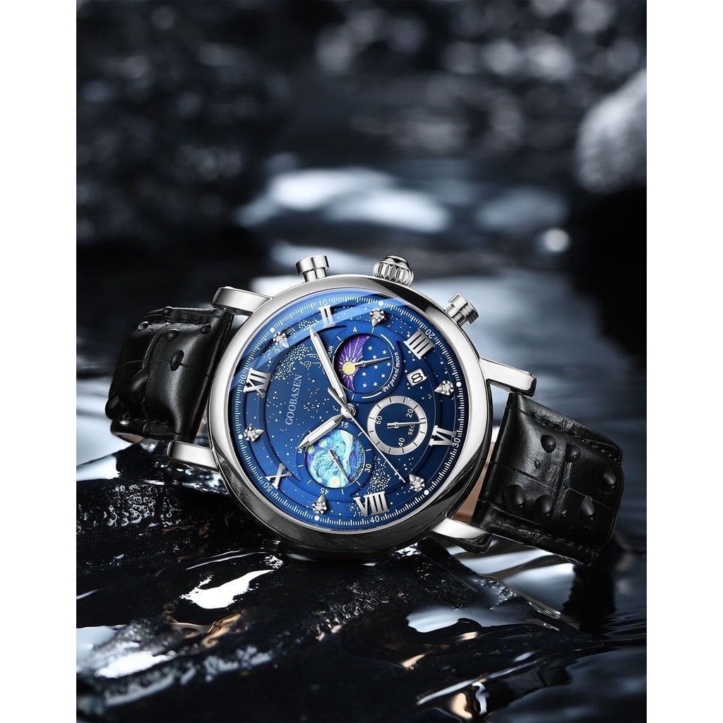 Đồng Hồ Đeo Tay Ba Mắt Chống Nước Phát Sáng Không Cơ Mặt Trời Mặt Trăng Phong Cách Mới Cao Cấp Thời Trang Cho Nam