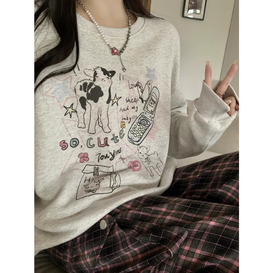 HIIXIIVI Áo Sweater cotton Tay Dài Dáng Rộng In Họa Tiết Thời Trang Hàn Quốc Mới 2024