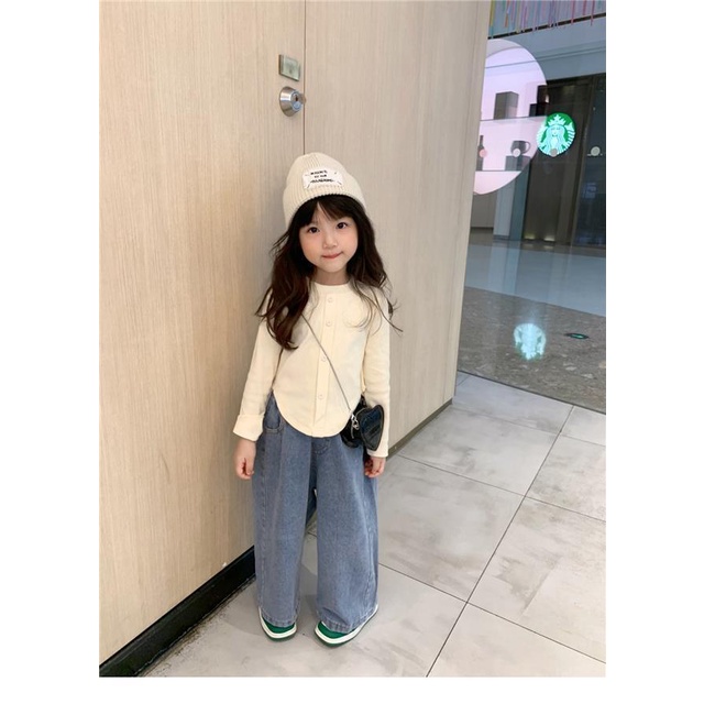 Set Đồ Hàn Quốc Gồm Áo Jean + Quần jeans Ống Rộng Thời Trang Xuân Thu Cho Bé Gái 5 Tuổi