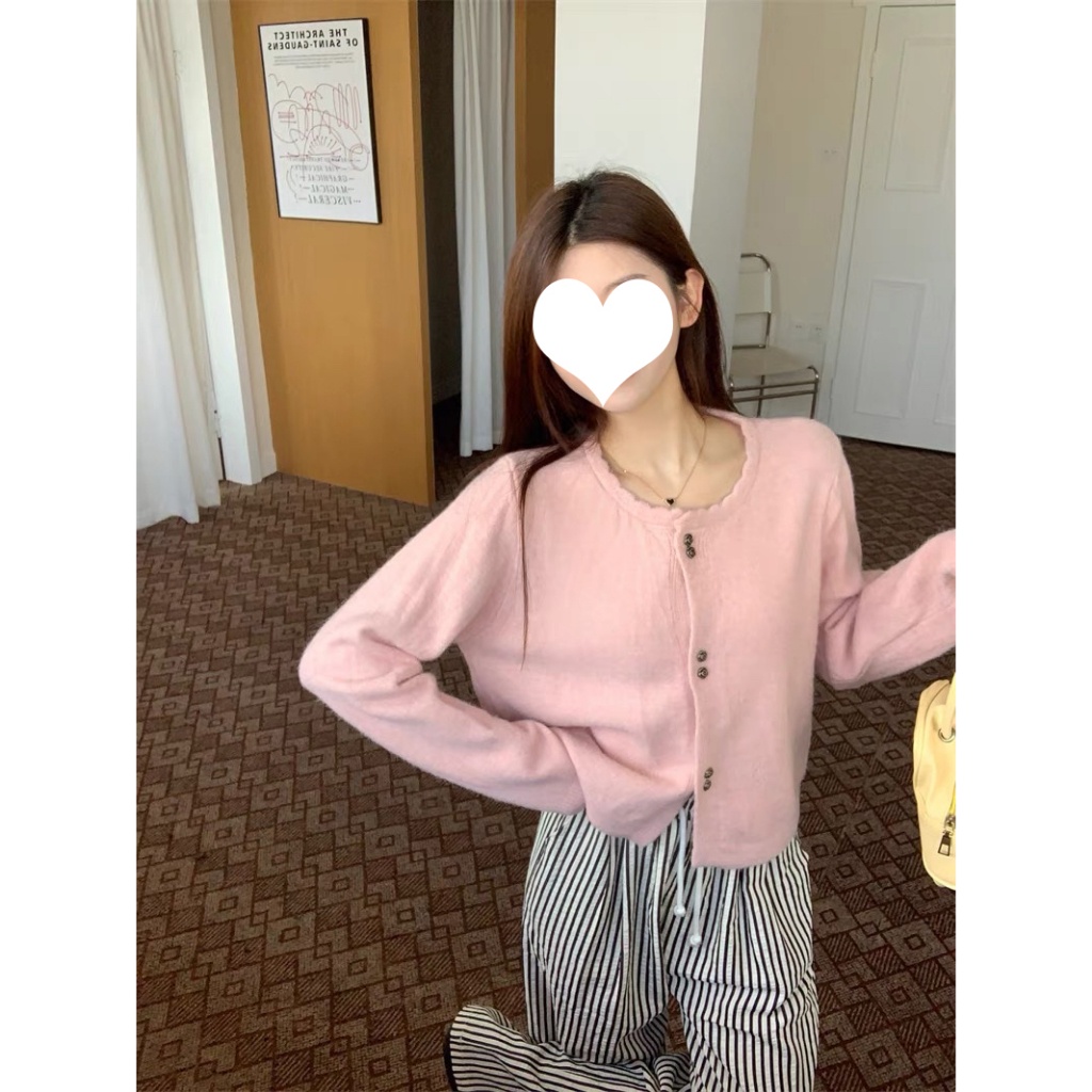 Áo cardigan, Áo Len, Áo Khoác Chất Len Lông Dày Dặn, Ấm Áp Màu Hồng Trắng, Cúc Hoa