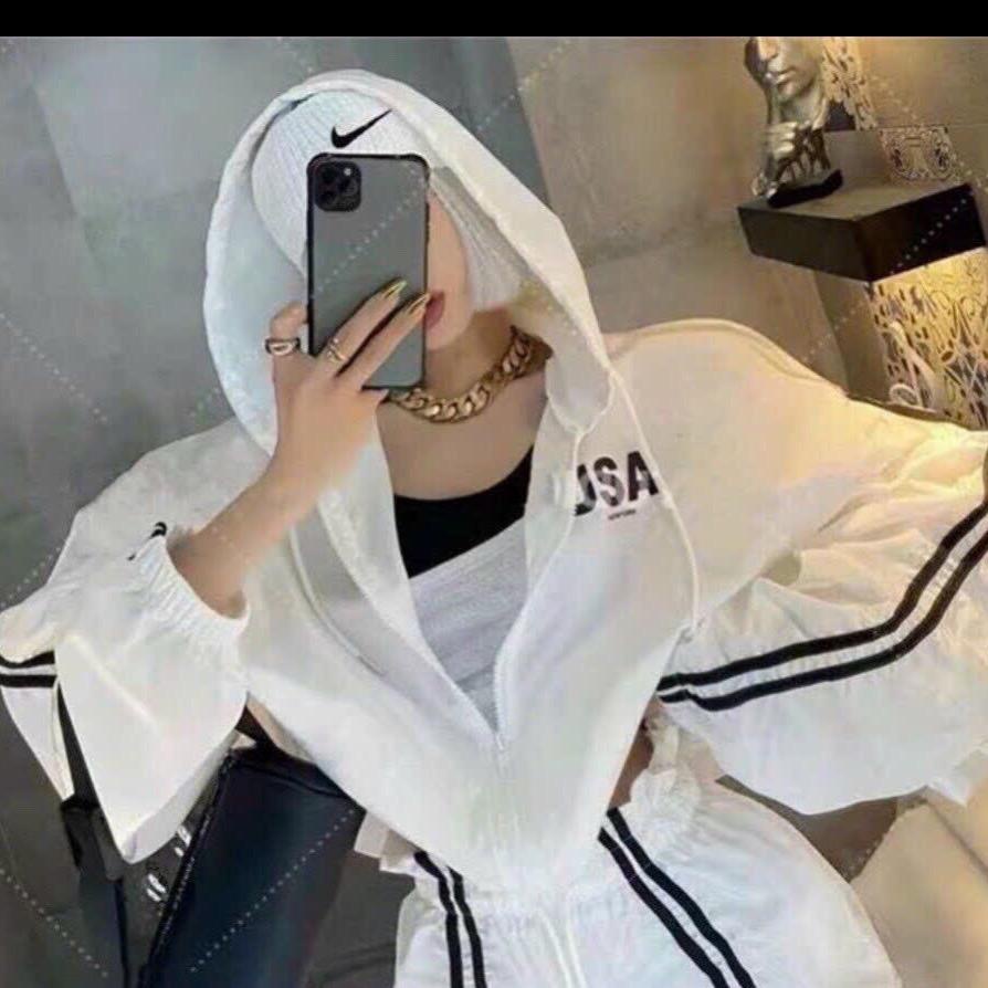 Áo khoác dù nữ sọc tay in USA