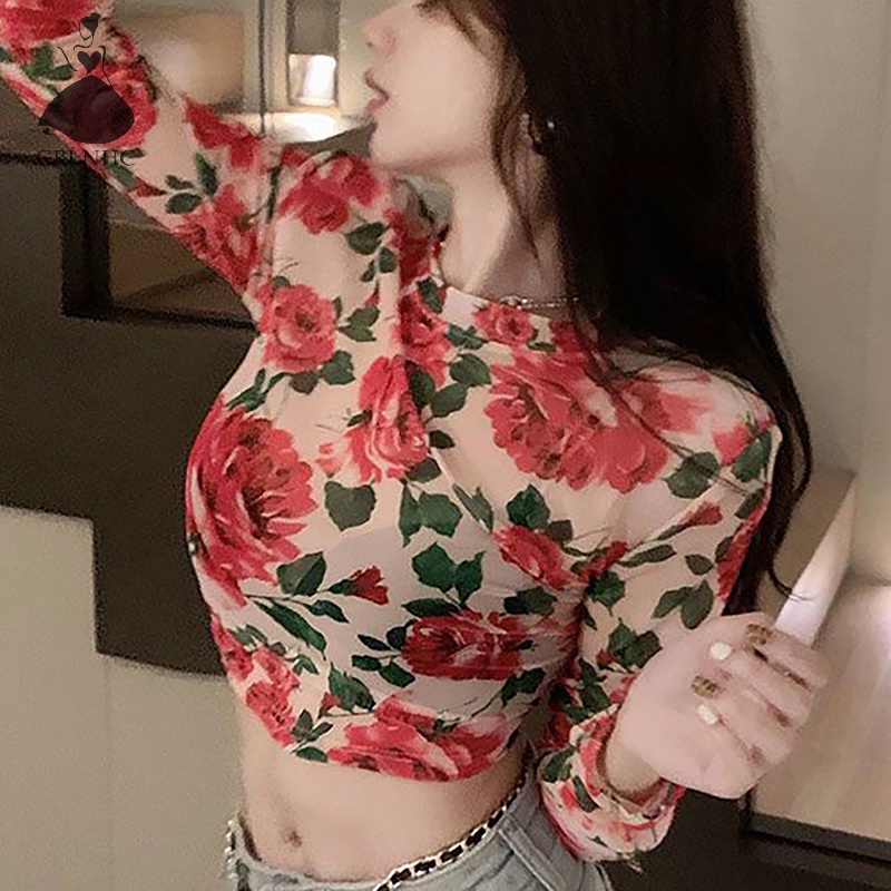 Áo Thun crop top Tay Dài Cổ Tròn In Hoa Thời Trang Mùa Thu Cho Nữ