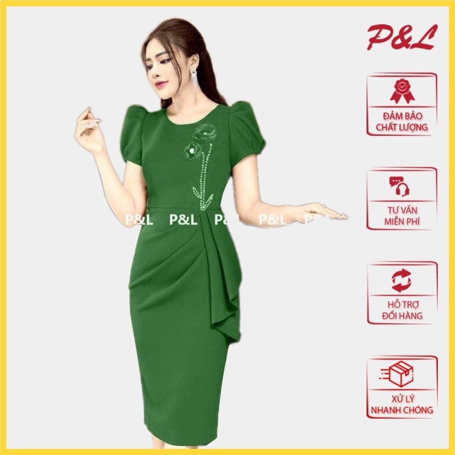 Váy Đầm Dự Tiệc Trung Niên Cho Mẹ Thiết Kế Cao Cấp Cổ Tròn Xếp Ly Bông Ngực PL04