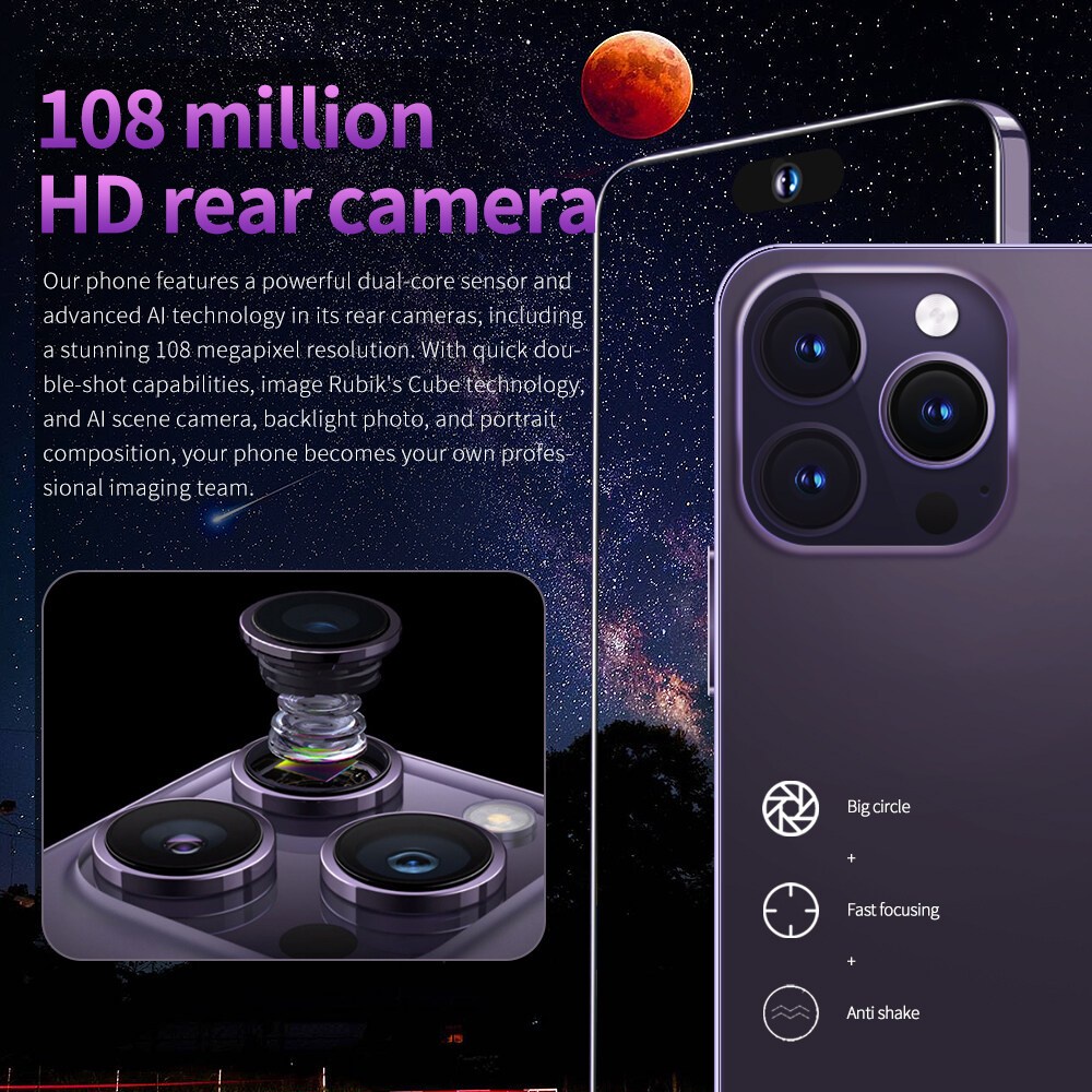 Điện thoại di động Giá rẻ Bán I14 Pro Max 100% 7.3inch Full HD 16GB+1TB Pin 8000mAh hỗ trợ thông minh 2 SIM 4/5G Android