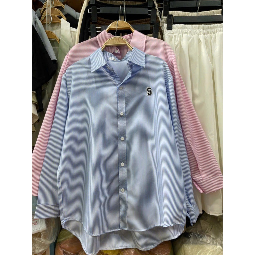 Áo sơ mi nữ dài tay kẻ sọc dáng dài thêu chữ áo kiểu đi học đi chơi ATC0069