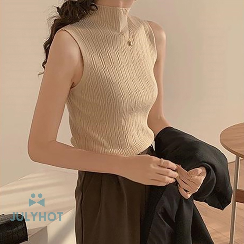 Áo Dệt Kim Sát Nách Cổ Lọ Màu Trơn Thời Trang Mùa Hè Cho Nữ