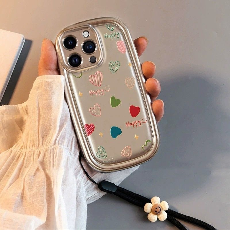 Ốp Điện Thoại Dẻo Màu Đen In Hình Hoa / Trái Tim / oval Có Dây Đeo Cho iphone 15 pro max 14 13 12 11 pro max xr ix