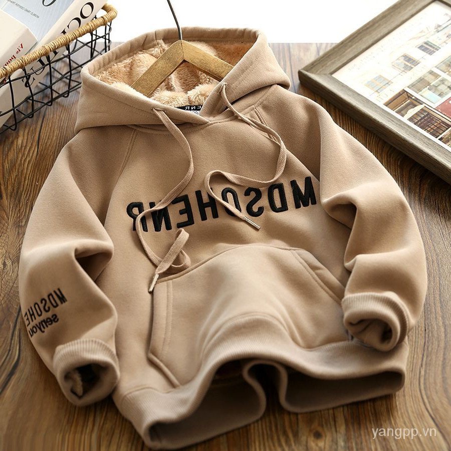 Áo sweatshirt Dày Có Mũ Trùm Lót Lông Cừu Phong Cách Đường Phố Cỡ Vừa Và Lớn Thời Trang Thu Đông Cho Bé Trai @