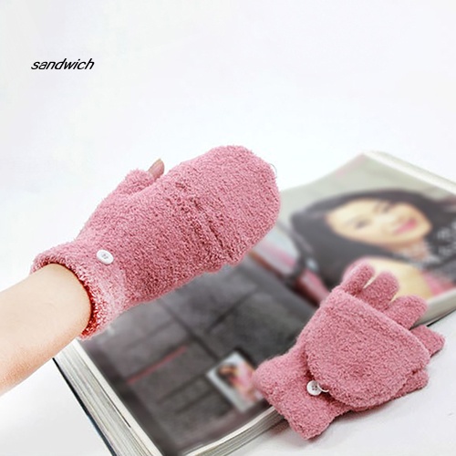 Găng Tay Hở Ngón Vải Lông Cừu San Hô Mềm Mại Ấm Áp Cho Nữ