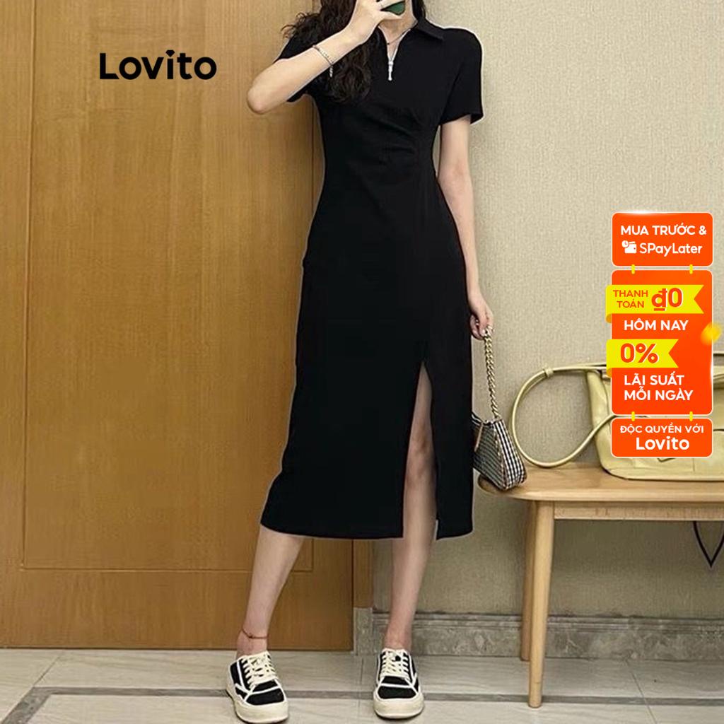 Đầm tay ngắn Lovito xẻ đùi trơn kiểu dáng đơn giản cho nữ LNA11111 (màu đen)