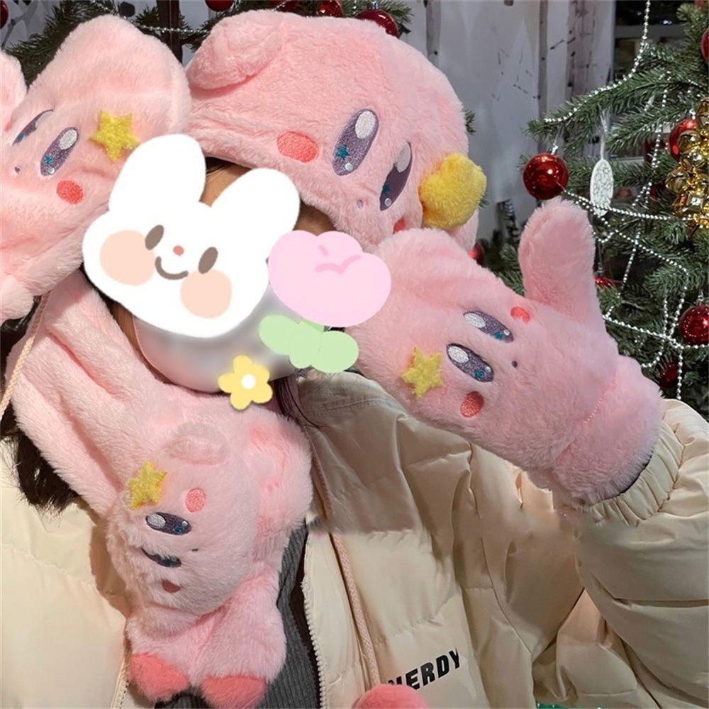 Dễ Thương Kirby Nữ Mũ Hồng Lông Ấm Găng Tay Có Mũ Khăn Quàng Cổ Sinh Viên Mềm Mại Cô Gái Tặng-top3C01