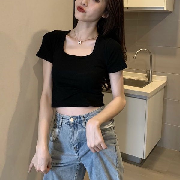 Áo Thun Tay Ngắn Cổ Chữ u Màu Trơn Dáng Ôm Thời Trang Mùa Hè Dành Cho Bạn Nữ