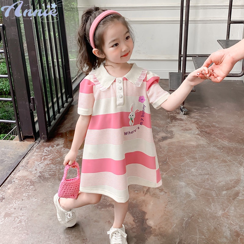 Annie Đầm Thun polo Ngắn Tay Họa Tiết Kẻ Sọc Phong Cách Hàn Quốc Thời Trang Cho Bé Gái