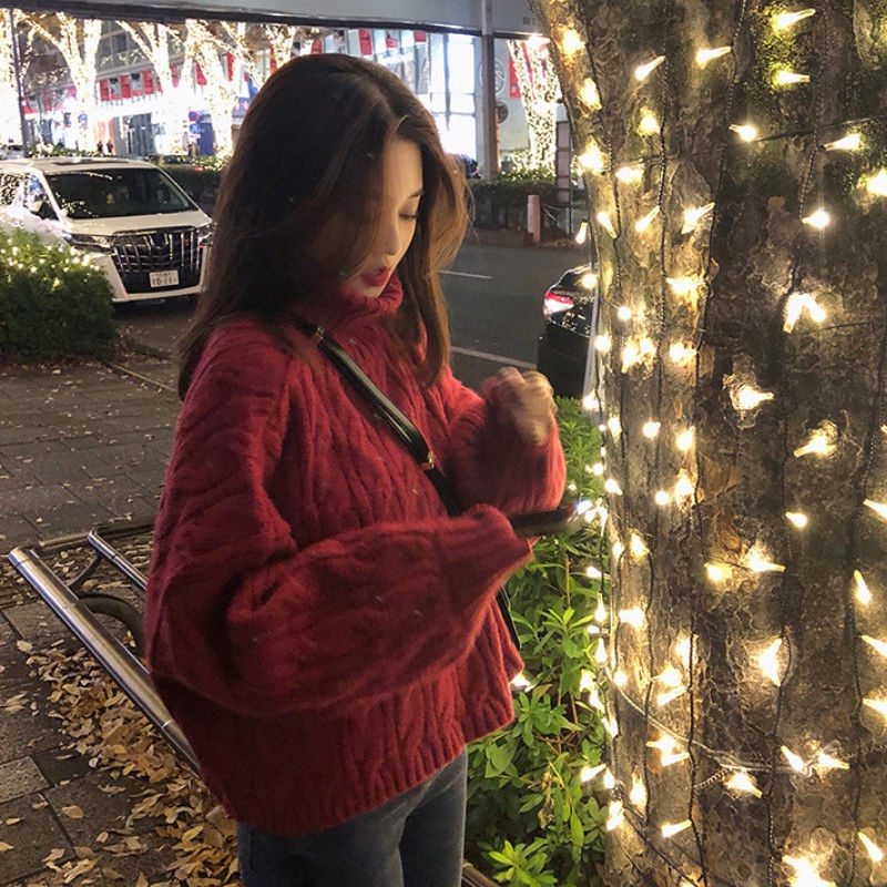 Mới Áo sweater Dệt Kim Dày Dặn Cổ Cao Màu Đỏ Khoai Tây Chiên Cho Nữ