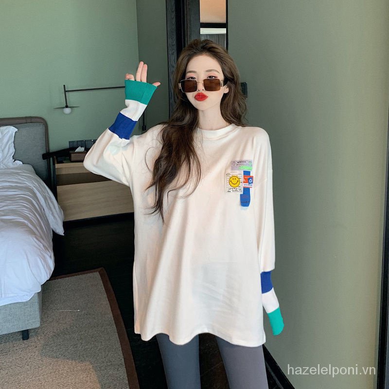 Áo Thun cotton Tay Dài In Hình Mặt Cười Phong Cách Hàn Quốc Thời Trang Thu Đông 2023