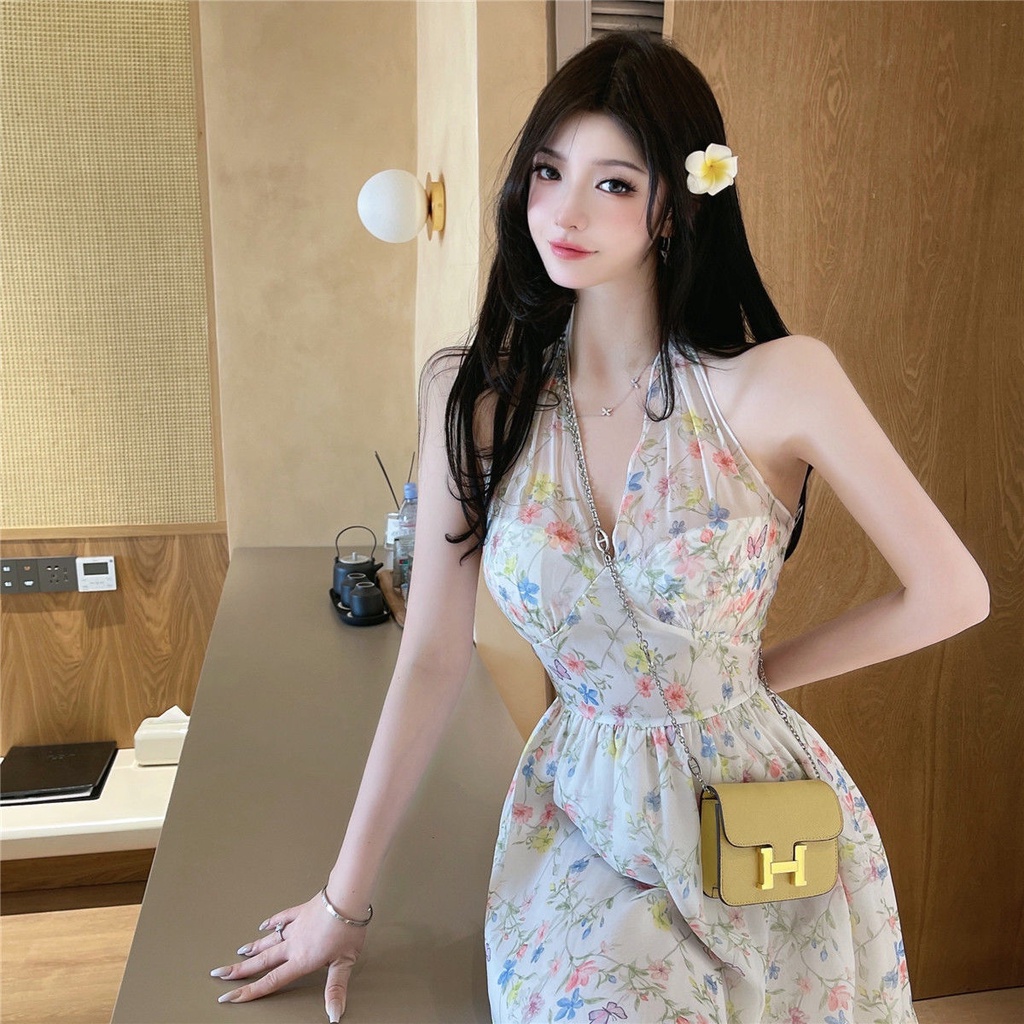 Đầm Voan Hai Dây Cổ Chữ v Họa Tiết Hoa Thời Trang Mùa Hè Gợi Cảm Cho Nữ