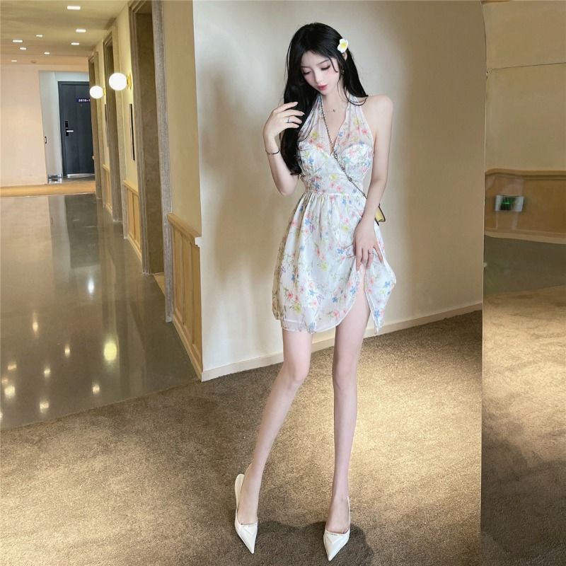 Đầm Voan Hai Dây Cổ Chữ v Họa Tiết Hoa Thời Trang Mùa Hè Gợi Cảm Cho Nữ
