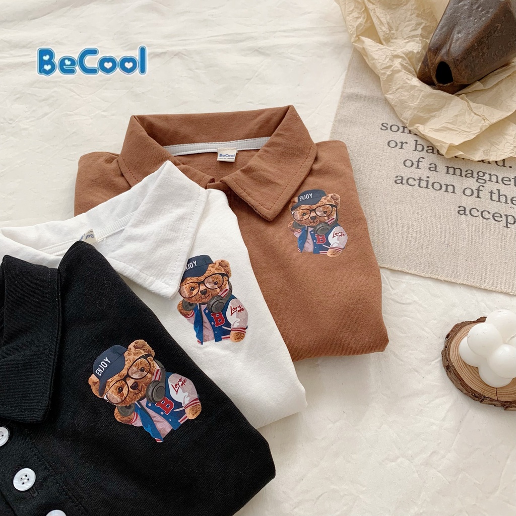 Áo Polo Cổ Bẻ In Hình Chú Gấu Cho Bé Chất Cotton Khô Cao Cấp BeCool, Áo Dài Tay Thu Đông Cho Bé Từ 10-27kg