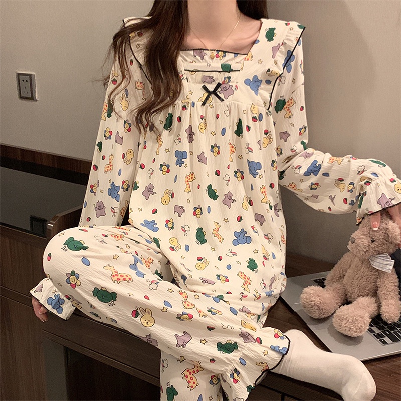 SANRIO Mushiqi Bộ Đồ Ngủ cotton Dài Tay Xinh Xắn Dành Cho Nữ