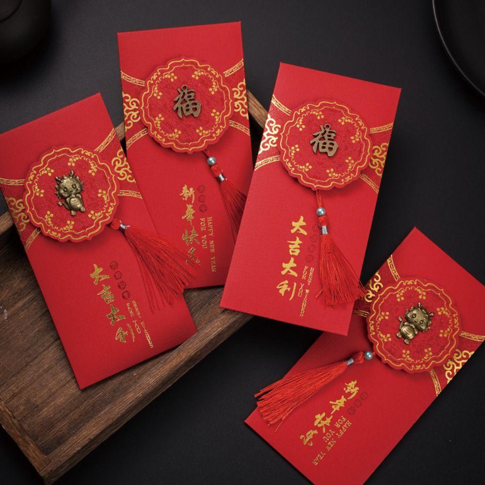 Lanfy Set 2 Phong Bì Đỏ May Mắn Phong Cách Trung Hoa Họa Tiết Rồng Hoạt Hình Phối Tua Rua Dày Dặn May Mắn Cho Lễ Hội Mùa Xuân