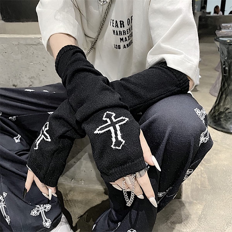 Găng Tay Hở Ngón Màu Đen Họa Tiết Thánh Giá Và Mặt Trăng Phong Cách Gothic Punk Cho Nam Và Nữ YR