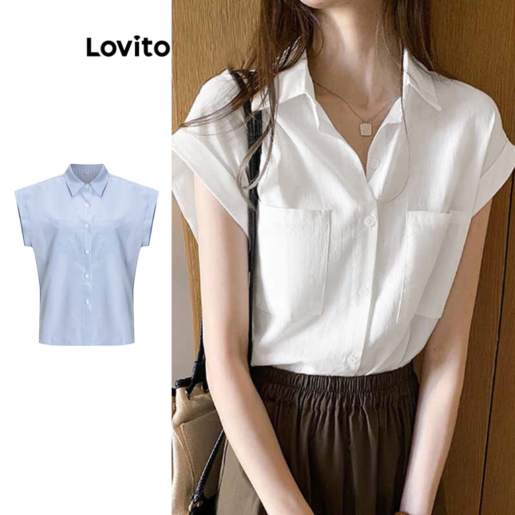 Áo kiểu Lovito nút trước kẻ sọc đơn giản thường ngày cho nữ L62ED010