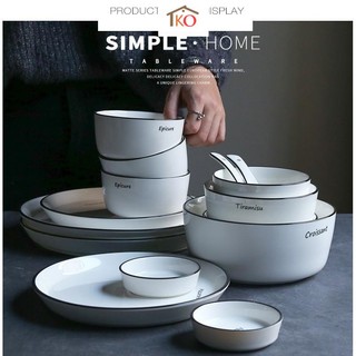 Bộ bát đĩa sứ trắng viền đen in chữ 50 món Bắc Âu cao cấp cho 2-10 người ăn