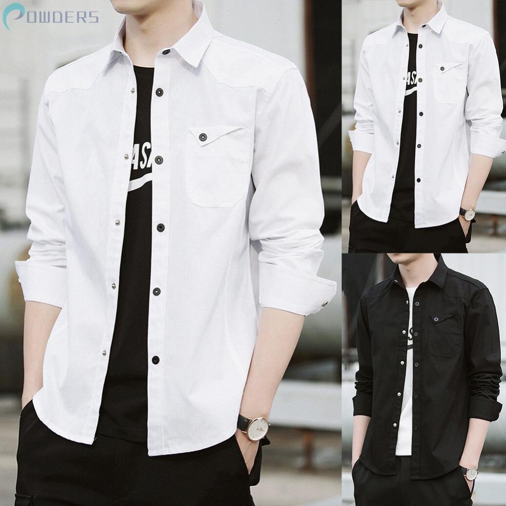 Long Sleeves Shirts Cotton Blend Long Sleeves Male Clothings Solid Col