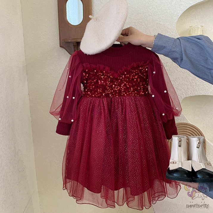 Đầm Công Chúa Phối Lưới Đính Kim Sa Và Ngọc Trai Phong Cách Hàn Quốc Cho Bé Gái
