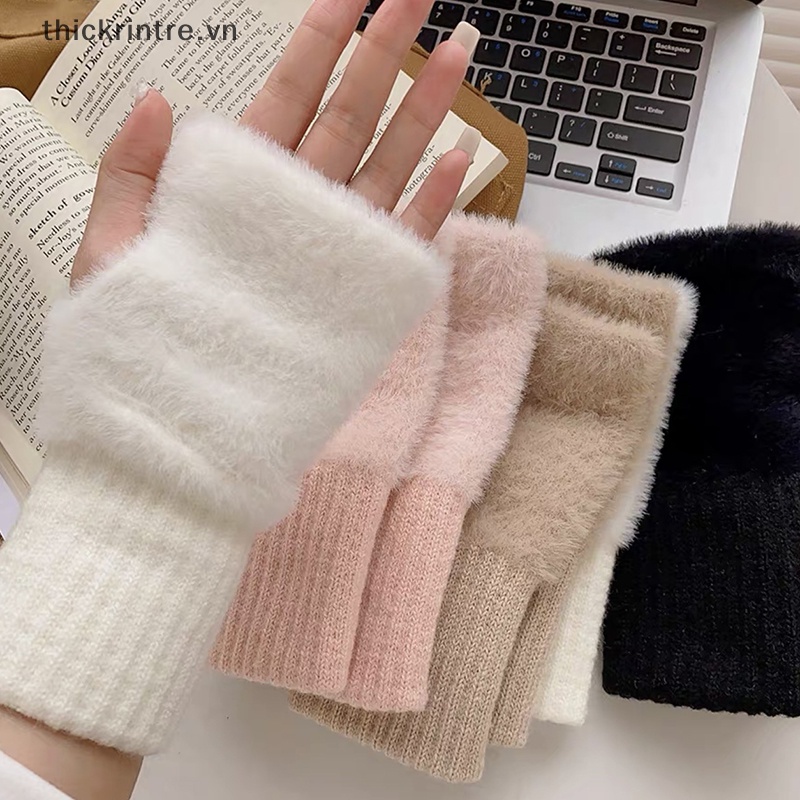 Găng Tay Hở Ngón Vải Lông Xù Mềm Mại Ấm Áp Cho Nữ