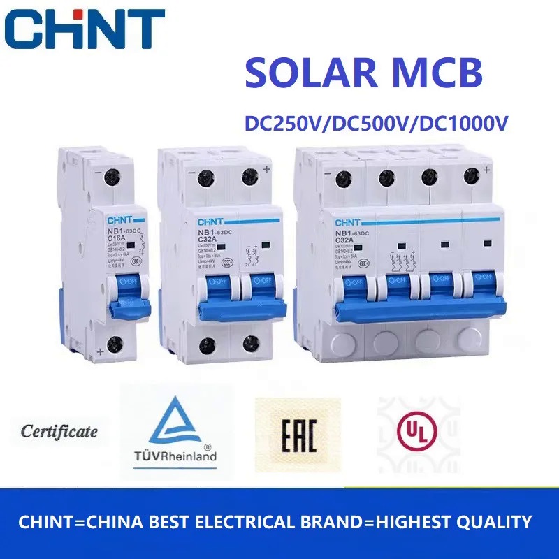 Chint 1P 2P 4P DC250V DC500V DC1000V NB1-63DC Bộ ngắt mạch Mini DC quang điện năng lượng mặt trời MC