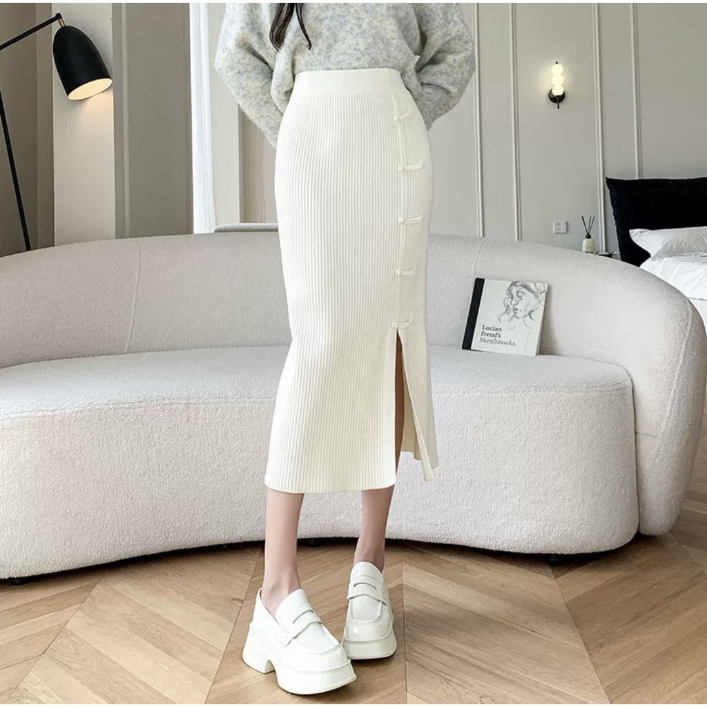 Đầm Lửng Dáng Ôm Xẻ Tà Một Bên Phong Cách Trung Hoa Thời Trang Thu Đông Hàng Mới 2023