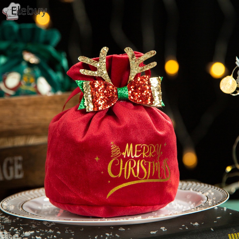 Túi Nhung Dây Rút Đựng Quà Giáng Sinh / Năm Mới Có Tay Cầm Hình Ông Già Noel