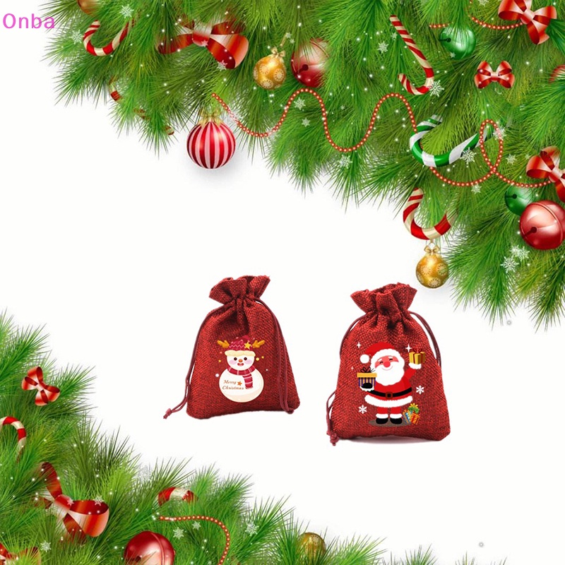 Túi Đựng Kẹo Bằng Vải Lanh Màu Đỏ Có Dây Rút Trang Trí Giáng Sinh Năm Mới Vnba merry christmas