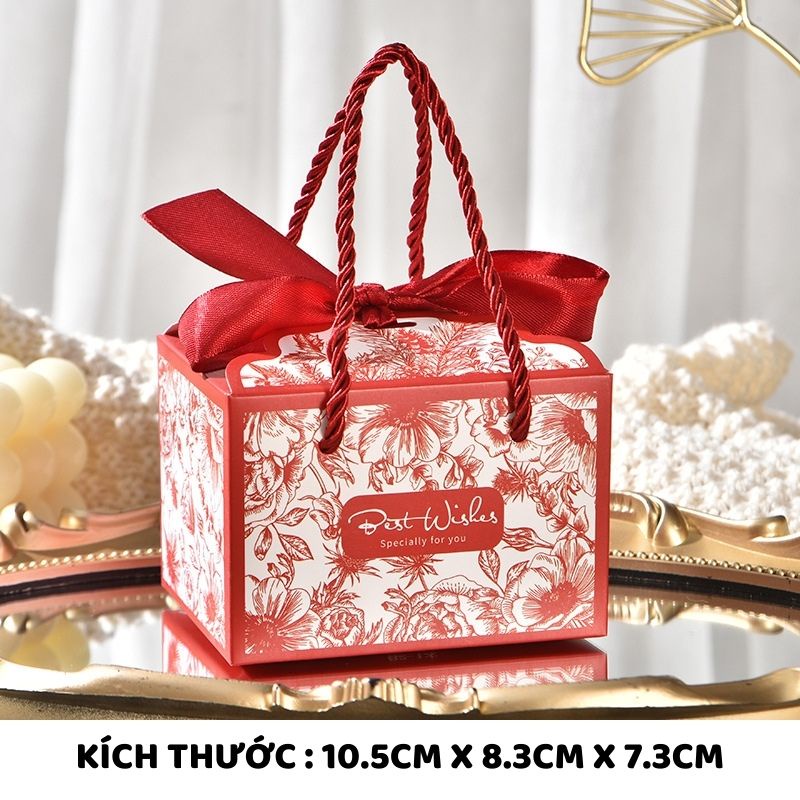 Hộp Quà Tặng Tri Ân Khách Hàng, Hộp Lời Chúc Best Wishes - Có Quai Xách, Nơ Lụa Kích Thước 10.5*8.3*7.3cm