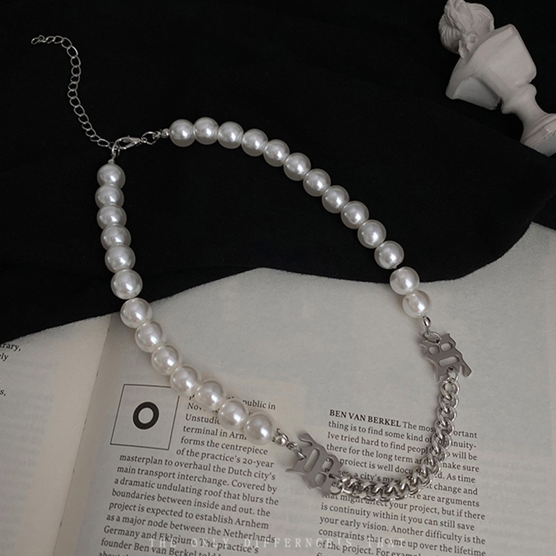 Vòng cổ Sợi Xích Đính Ngọc Trai Phong Cách hip hop Hàn Quốc Thời Trang Cho Nam Và Nữ