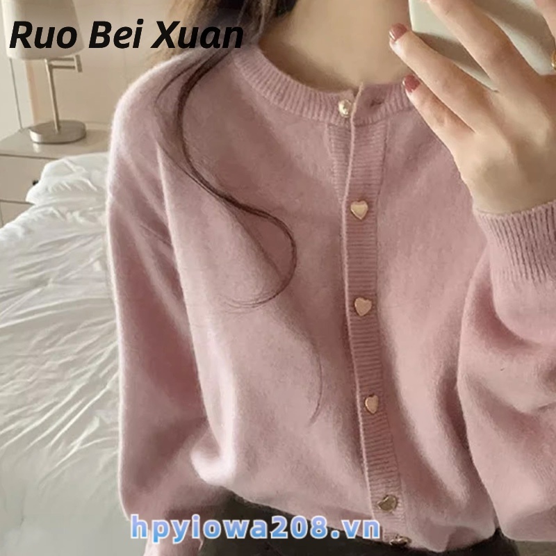 Ruo Beixuan Áo Khoác cardigan Dệt Kim Mỏng Dáng Rộng Ngắn Cổ Tròn Màu Hồng Thời Trang Thu Đông Thanh Lịch Cho Nữ