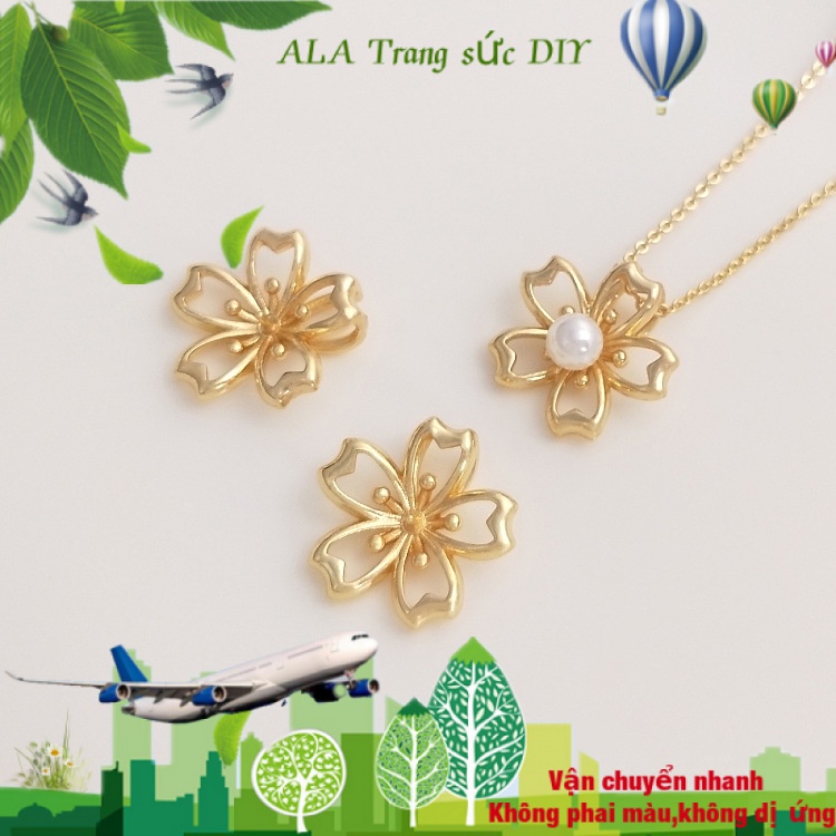 💖Trang sức DIY phụ kiện💖Giá Đỡ Mặt Dây Chuyền Mạ Vàng 14k Hình Hoa Anh Đào Nửa Lỗ Đính Ngọc Trai Thủ Công DIY