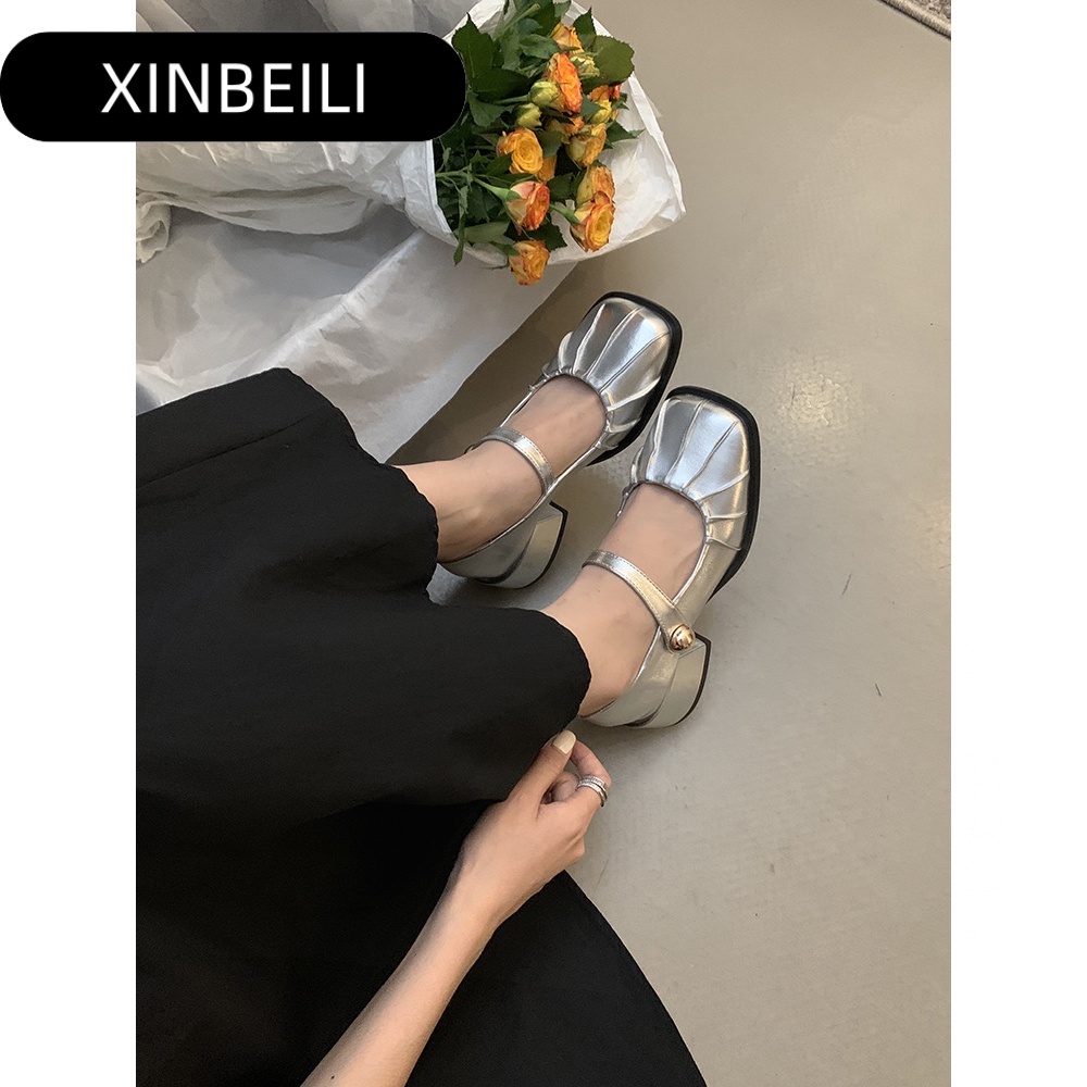 XINBEILI Giày búp bê Mary Jane   FBL23903DA 39Z230930 đế bệt có quai da mềm êm ái đế chống sốc điệu đà cho nữ