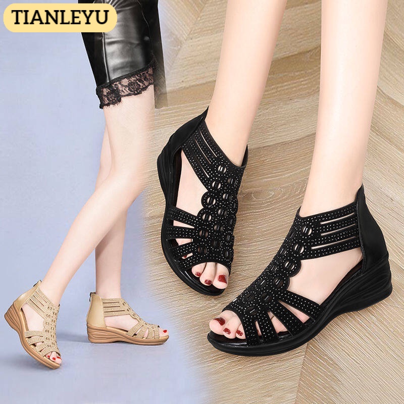 TIANLEYU dép nữ Xăng đan Wedge La mã Miệng cá Rhinestone Gót vừa Đế mềm Hở ngón 9Z23022402