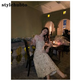 Stylehubto 6923 # Đầm sequin Thêu Lông Vũ Công Nghiệp Nặng Thời Trang