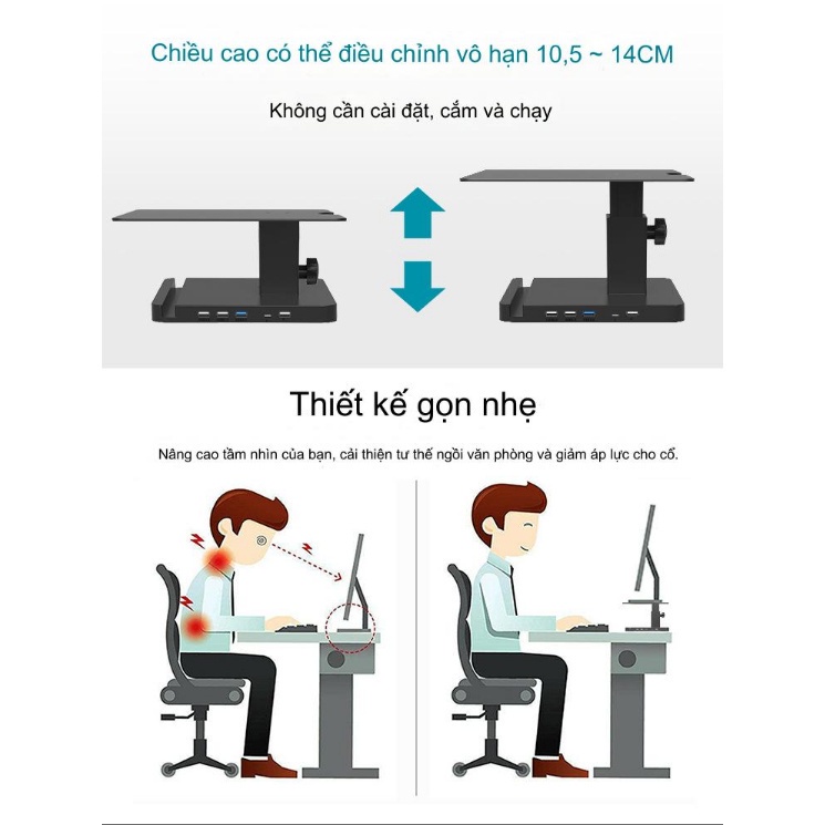 Bàn Kê Màn Hình Điều Chỉnh Nâng Hạ Steel Carbon USB Bus