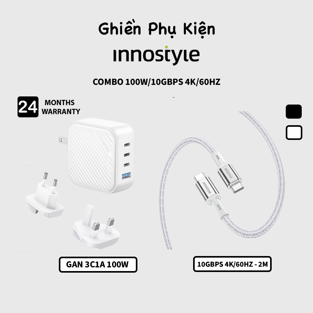 Combo Sạc Innostyle USA GAN 3C1A 100W Và Cáp C To C 100W/10GBPS 4K/60HZ